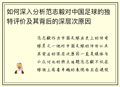 如何深入分析范志毅对中国足球的独特评价及其背后的深层次原因